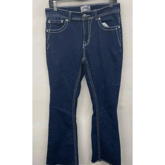 Angel Y2K Bootcut Jeans Womens 11/28 Blue Embroidered Flap Pocket LA - Picture 2 of 5